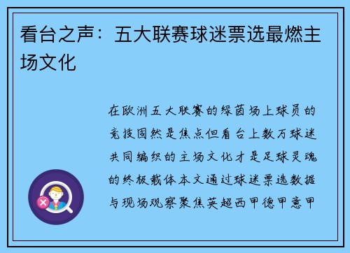 看台之声：五大联赛球迷票选最燃主场文化