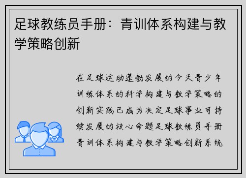 足球教练员手册：青训体系构建与教学策略创新